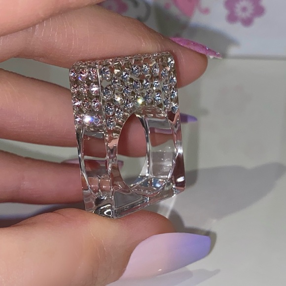 Clear Acrylic Ring With Crystals, Unique Square Shaped Cube Ring For Women - Picture 9 of 13